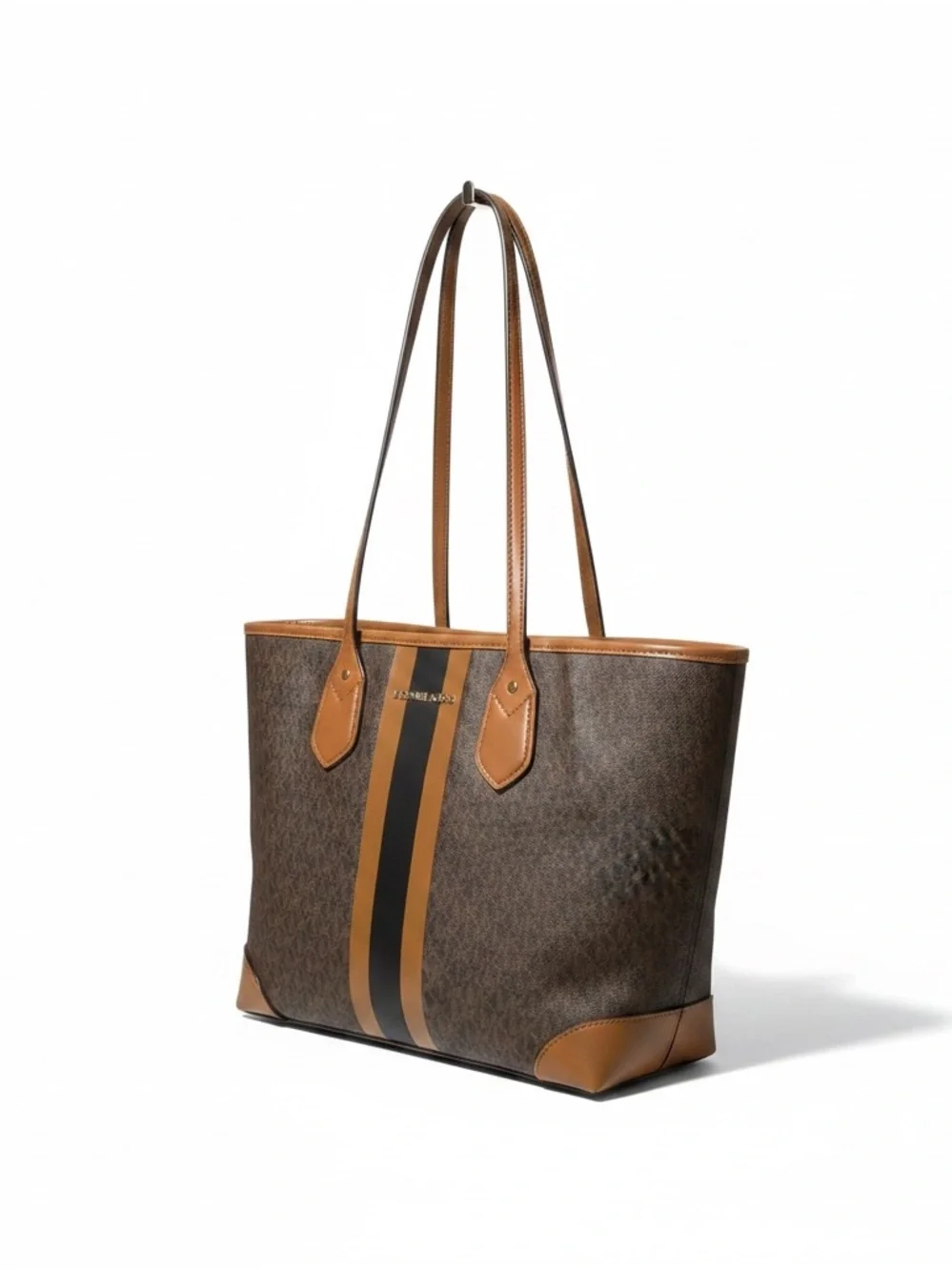 Michael Kors Eva Large Signature Logo Stripe Tote Bag Brown Acorn Travel Carryal - Picture 4 of 8